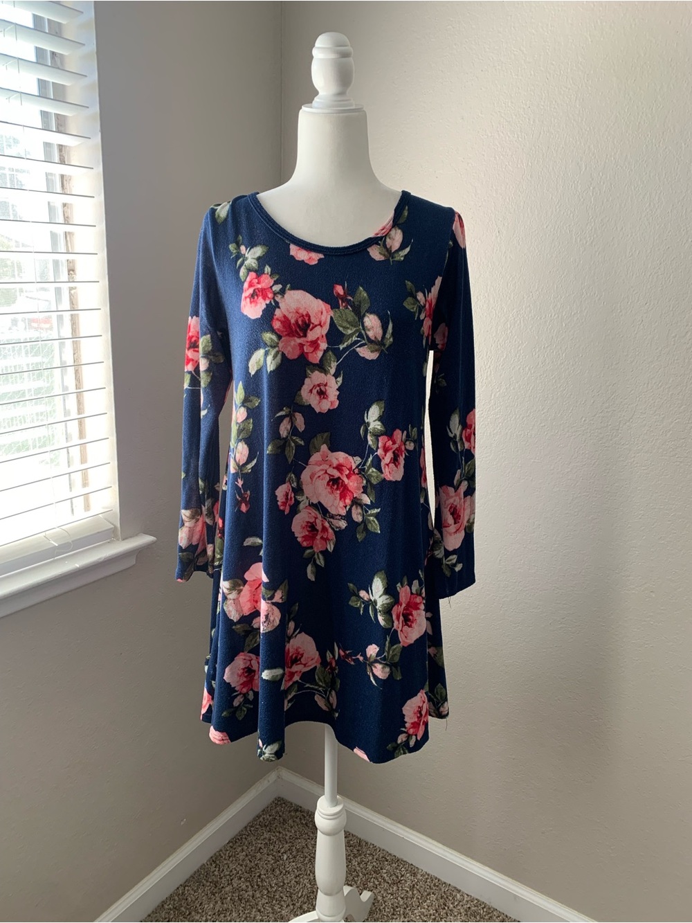 French Atmosphere Navy Floral Swing Dress with Pink Roses